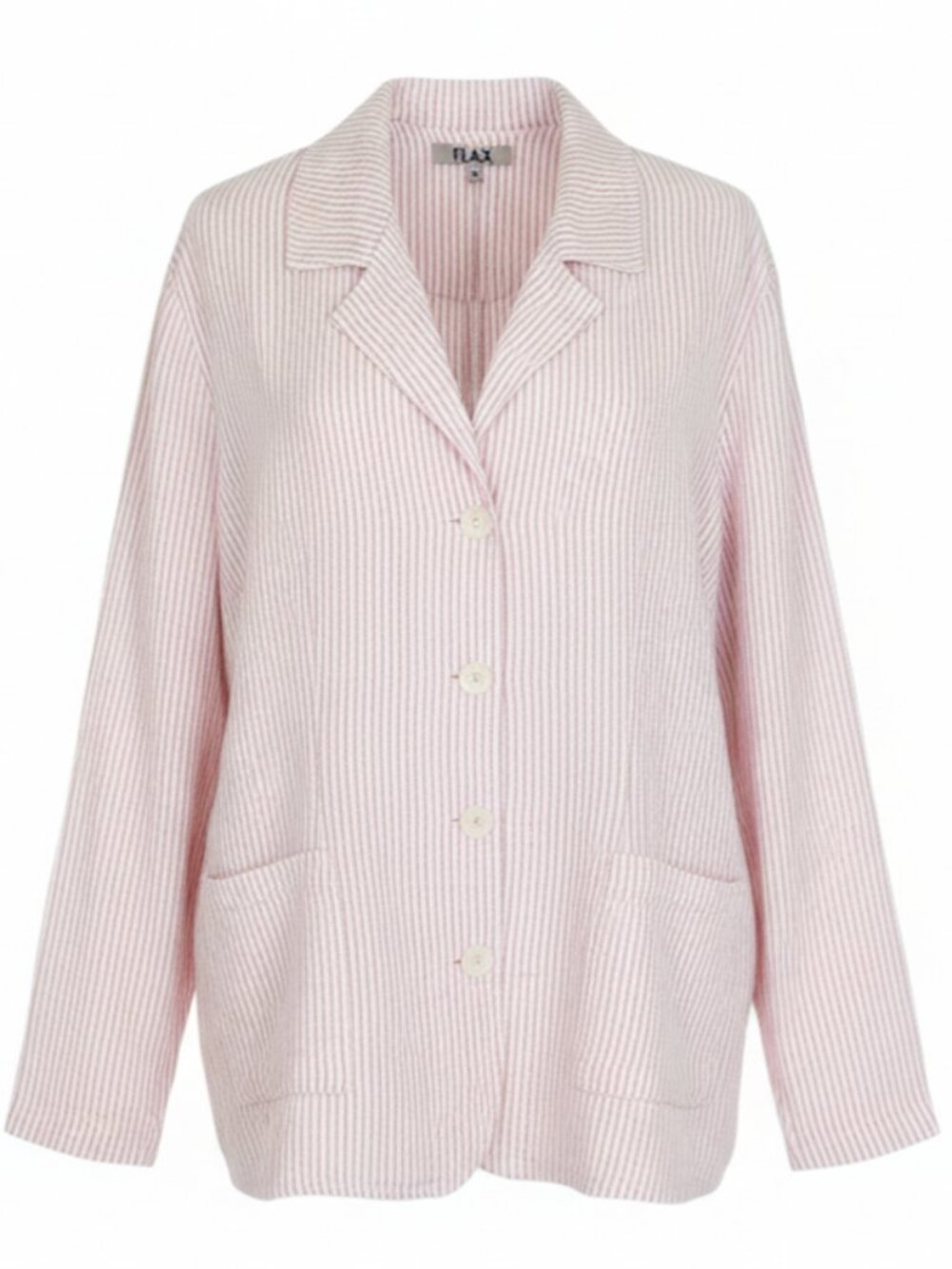 NWT FLAX Linen Pinstripe Blazer L Pink White Lightweight Lagenlook Preppy Spring